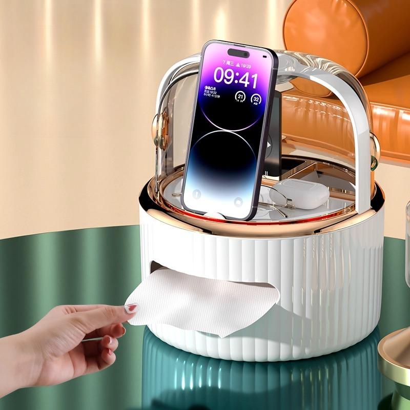 Living Room Tissue Box Holder Organizer Versatile Luxury Paper Box Large Cosmetic Makeup Transparent Cover Rotating Storage Rack