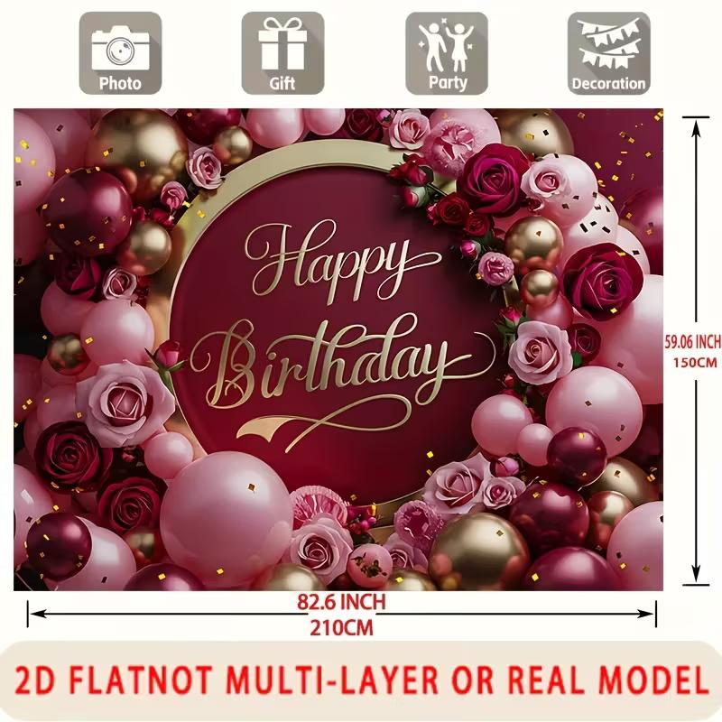 

2D Happy Birthday Backdrop, Burgundy Pink Rose & Gold Balloons Photography Background 47.2x31.5inch/120*80cm