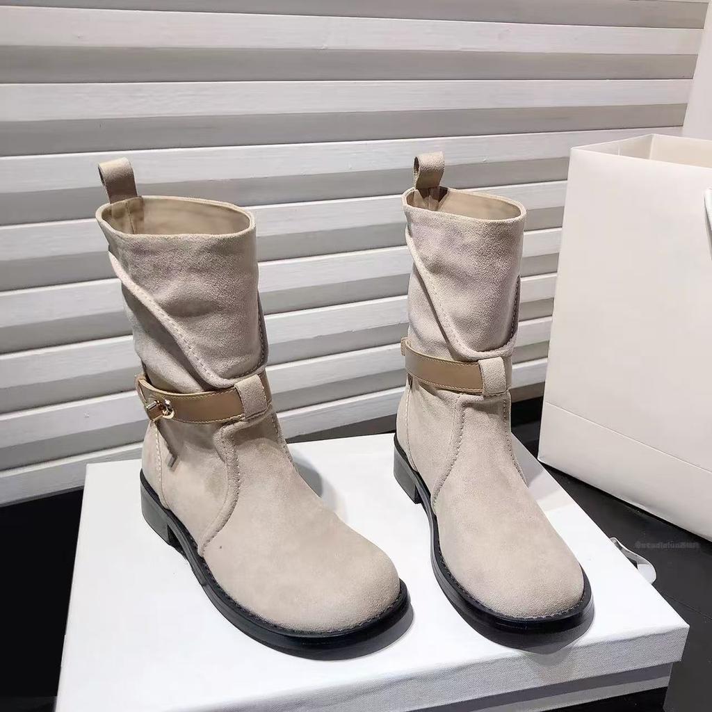 French retro Martin boots women's 2025 new thick heel short boots belt buckle thin fashion boots suede medium boots