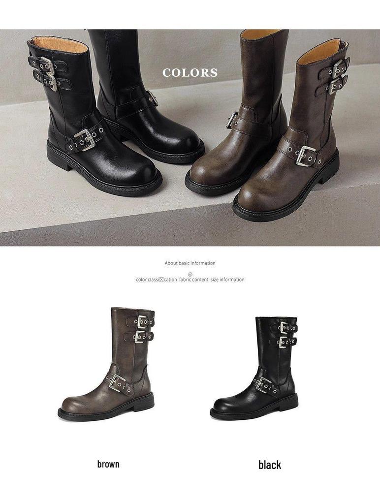 Women's Retro Martin Boots, Round Toe, Autumn/Winter, Metal Accent, Ankle-Length, Cowboy Style, Thick Sole.