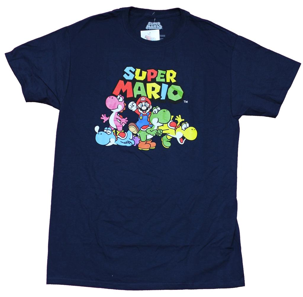 Super Mario Brothers Adult New T-Shirt - Mario and A Pile of Colorful Yoshi's