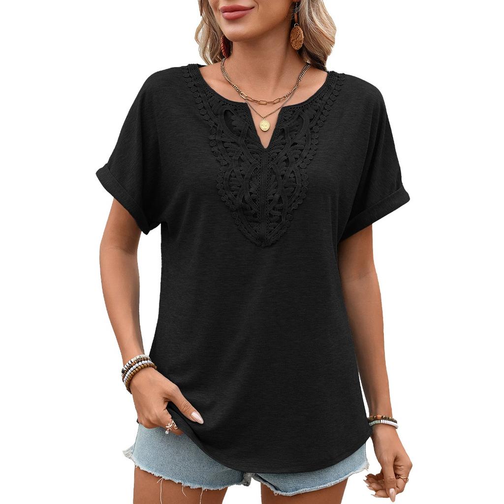 Spring Summer New Women's Solid Color V-Neck Lace Trim Loose Short Sleeve T-shirt Top For Cross-border Trade