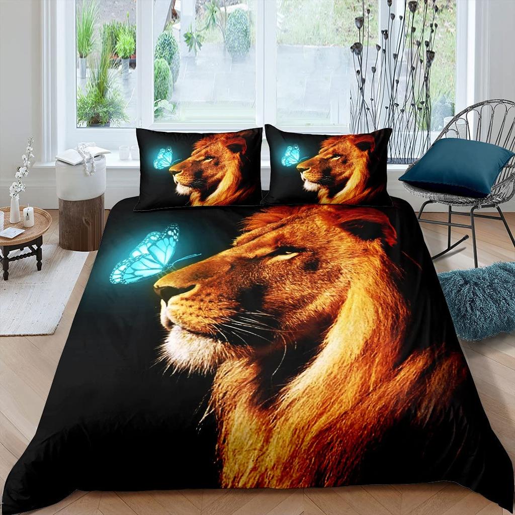 Lion Head Black Backdrop Duvet Cover Set Queen King Size 3 Piece Bedding With 2 Pillow Shams