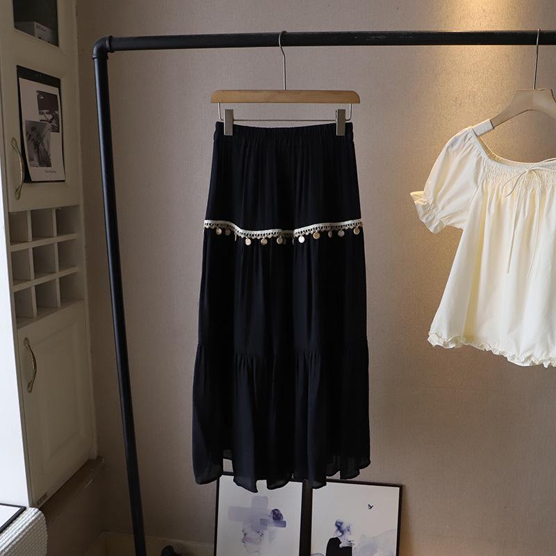 

[Би Чжэн] Летняя юбка миди А-силуэта с кисточками в богемном стиле для женщин One Size чёрный