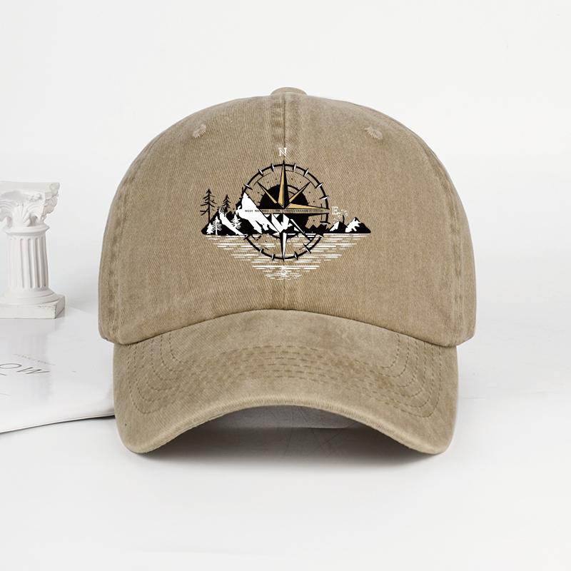 Compass Mountain Print Washed Baseball Cap Adjustable Unisex Vintage Outdoor Hiking Sun Hat