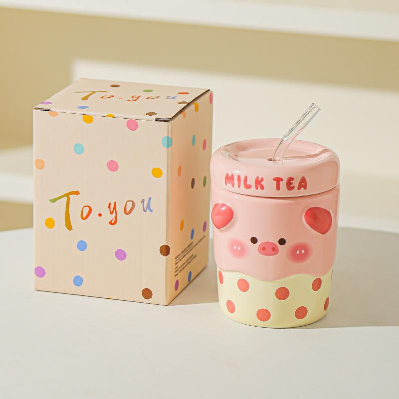 Cute Mug Couple Straw Cup with Lid Cup Gift Box Ceramic Cup Souvenir Birthday Gift Girl Practical