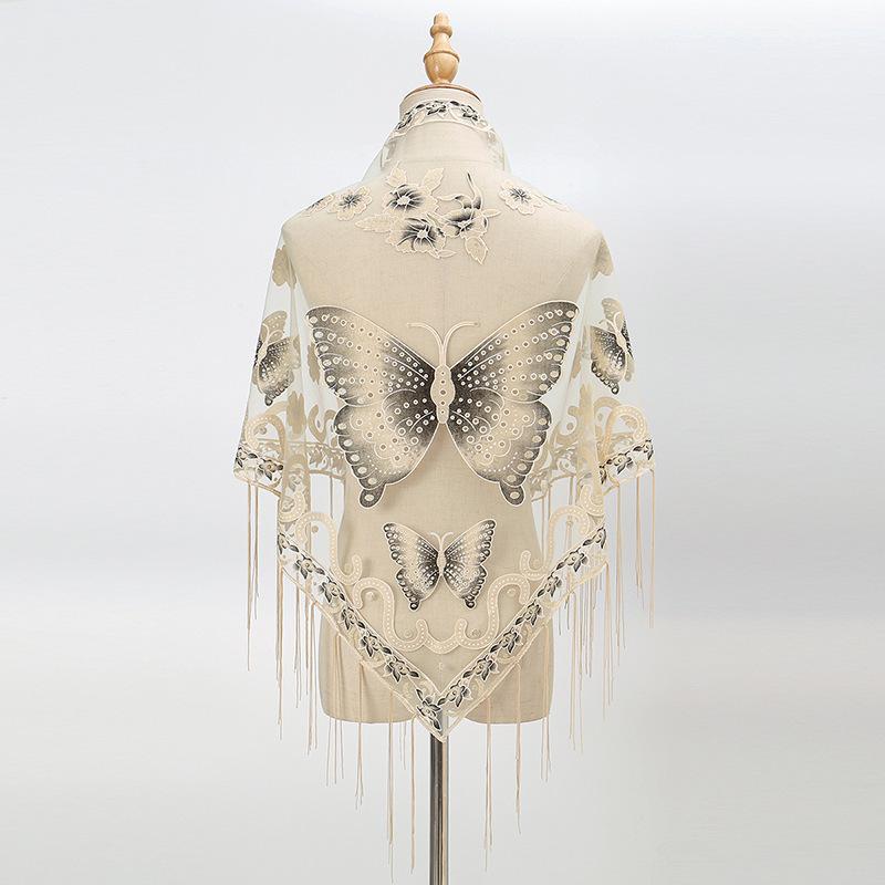 Luxury Flower Lace Hollow Scarf Butterfly Print Tassel Triangle Shawl Wraps Polyester Mesh Scarves Bridal