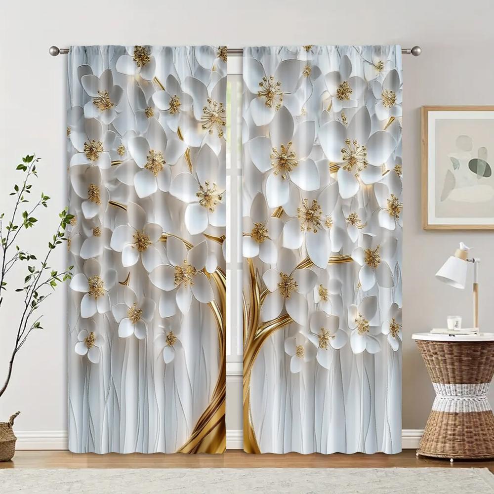 Set Of 2 Popular Curtain Panels Print White Floral Versatile Polyester Without Rod Holiday Kitchen Living Room Perfect For Area