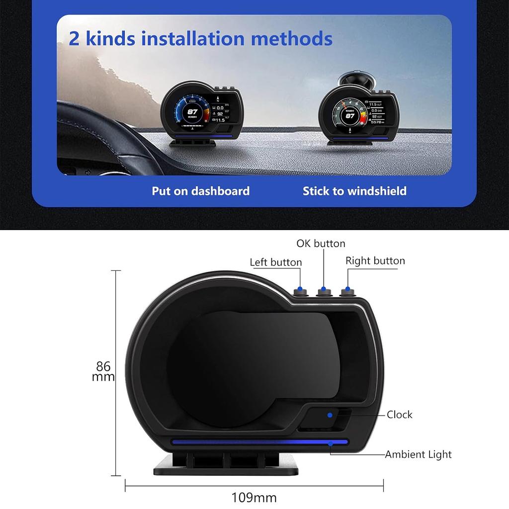 OBD2 Head Up Display For Car, HUD Speedometer For Car With OBD2 GPS Digital Speedometer Dual System Car Speedometer MPH With Water TEM, Volt,