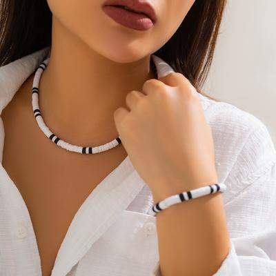 Black and White Polymer Clay Short Choker Necklace and Bracelet Set for Women Charms Accessories Neck/Hand Fashion Jewelry Gifts