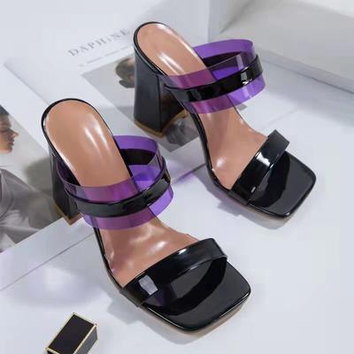 Large Size Women's Shoes, High-heeled Slippers, Fashionable and Versatile Outer Wear, Square Head with Thick-heeled Cool Slippers