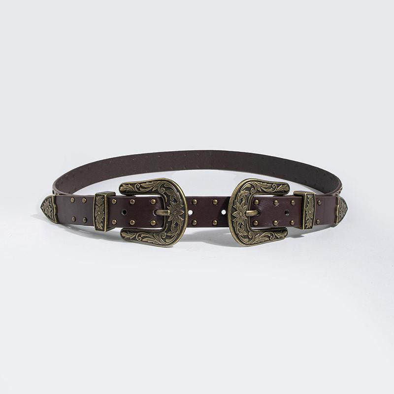 Bohemian Female Leather Belt With Retro Double Buckle And Alloy Clasp For Casual Wear