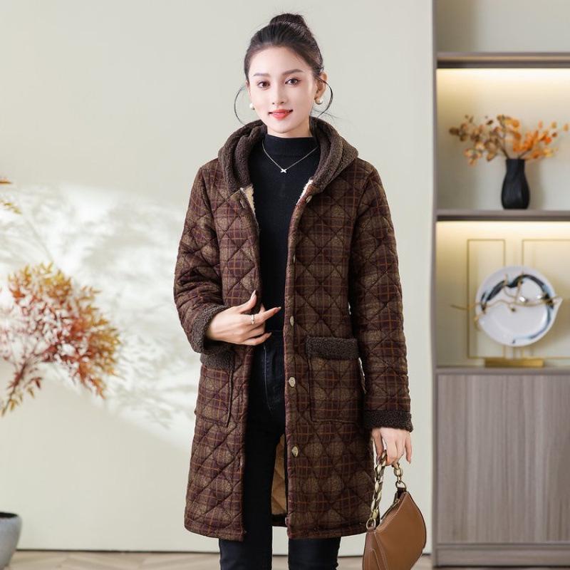 

Women s Winter Hooded Plaid Cotton Jacket: Thick, Warm, Mid-Length Coat with Plus Velvet Lining 2XL (105-120 lbs)