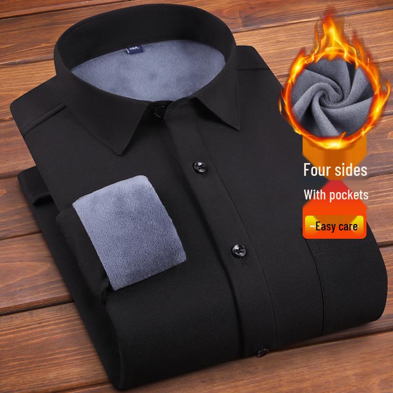 Men's Winter Plus Velvet Stretch Business Shirt - Cozy One-Piece, Solid Color, Thickened for Comfort