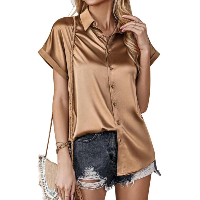 Women Turn Down Collar Satin Blouse Rolled Short Sleeve Button Down Loose Casual Elegant Office Tops