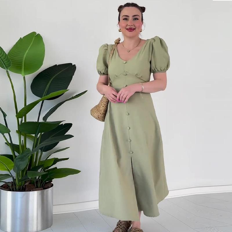 

2024 Summer European and American U-Neck Multi-Button Waist-Gathering Long Dress XS