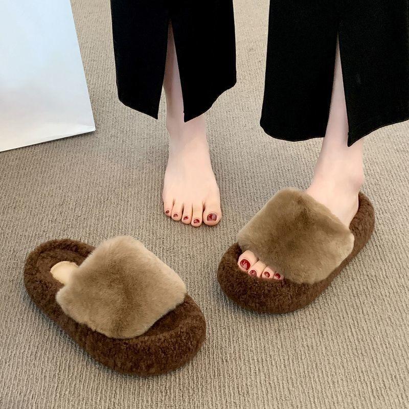 High-value and thin plush one-word cotton slippers autumn and winter new fashion outer wear fluffy slippers women