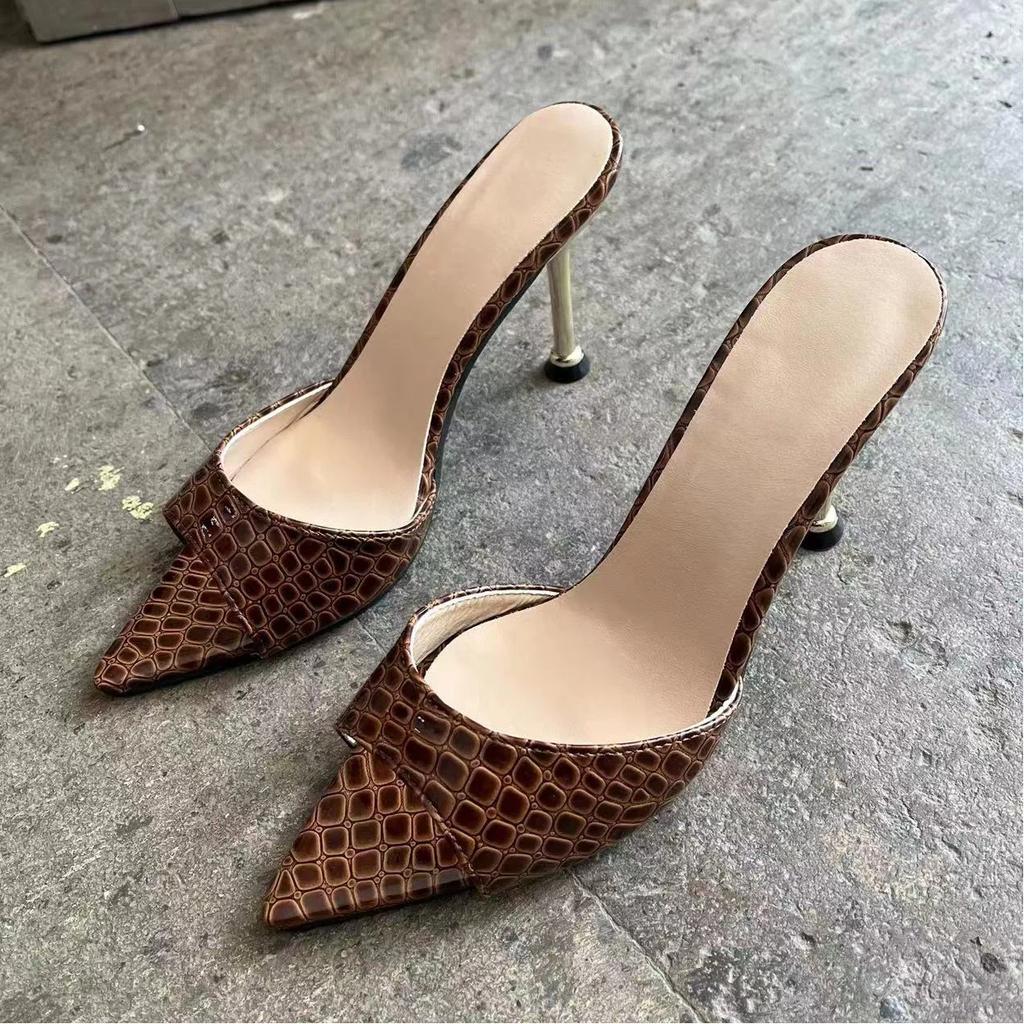 Snake Patterned Open Toed Pointed High-heeled Sandals, Women's Slim Heeled Sandals