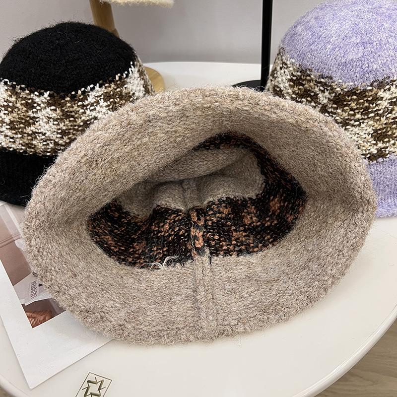 Mohair Wool Knitted Bucket Hat Women's Simple Contrasting Color Hat Waist Fashionable Retro Versatile Fisherman Hat