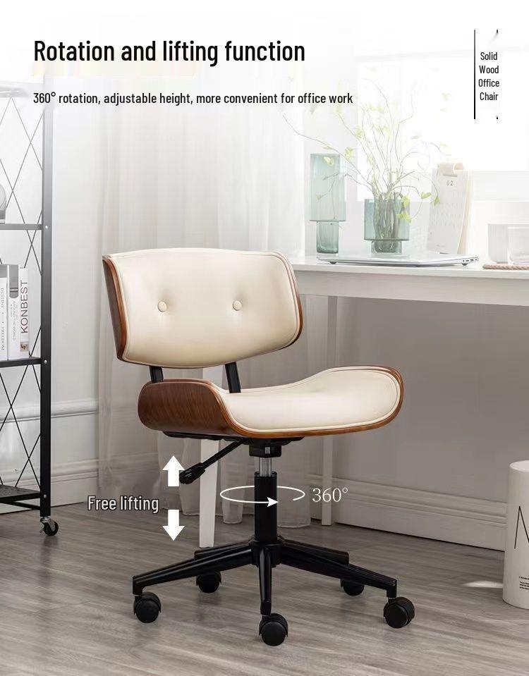 Solid Wood Retro Swivel Chair: Light Luxury Leather Lift, Nordic Style, Comfortable for Home Study & Office.