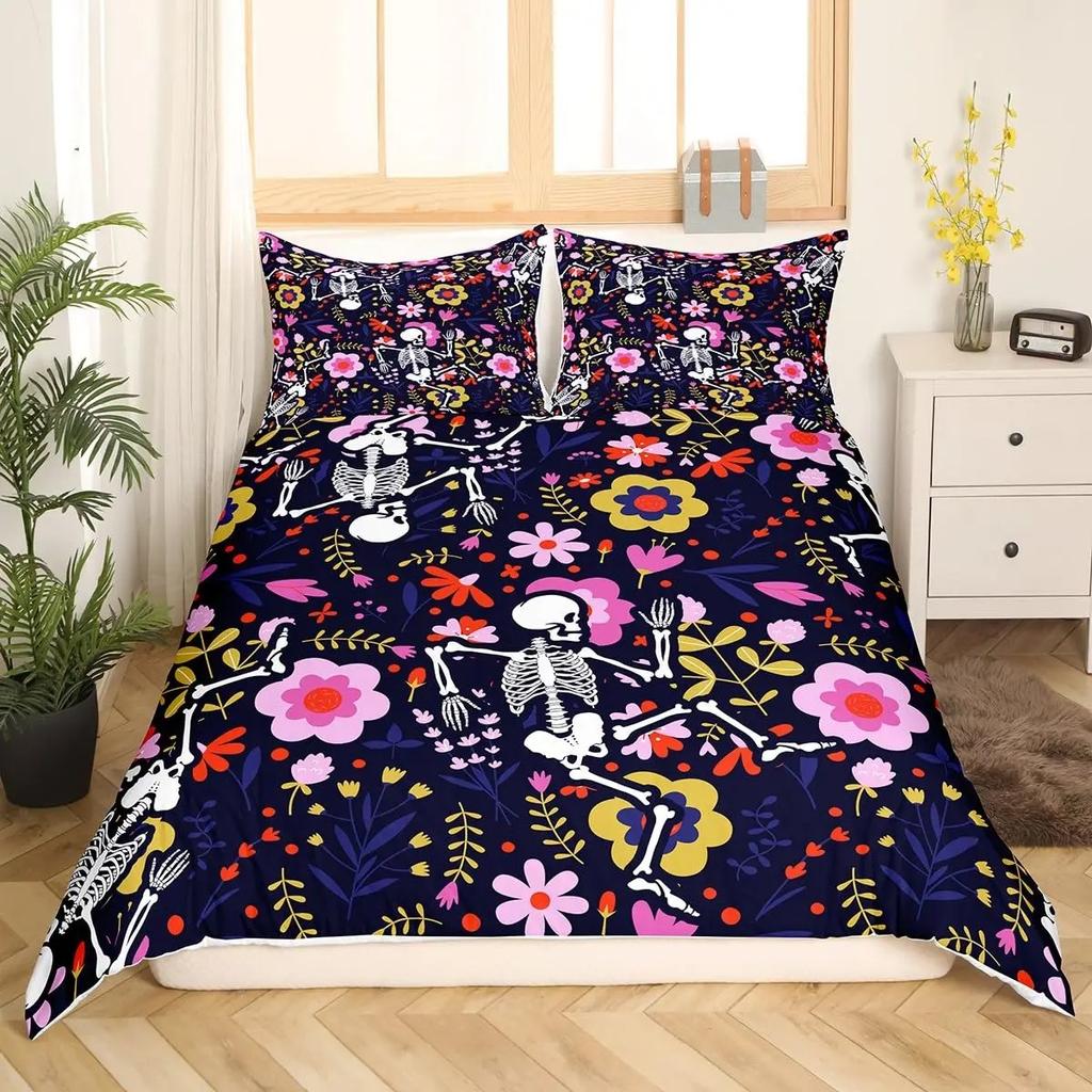 Sugar Skull Duvet Cover Colorful Vintage Floral Bedding Set Hippie Mexico Style Comforter Cover Gothic Skeleton Quilt Cover