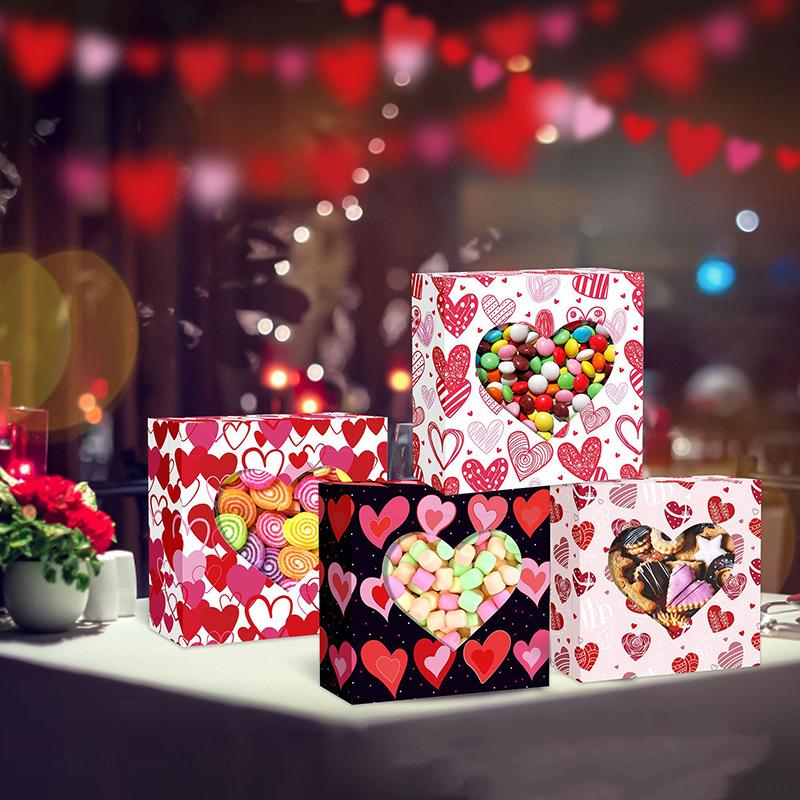 WTEMPO Valentine's Day Gift Boxes with Heart Shaped Design Clear Window DIY Foldable Printed Paper Packaging Boxes Wedding Party Supplies Gift Giving