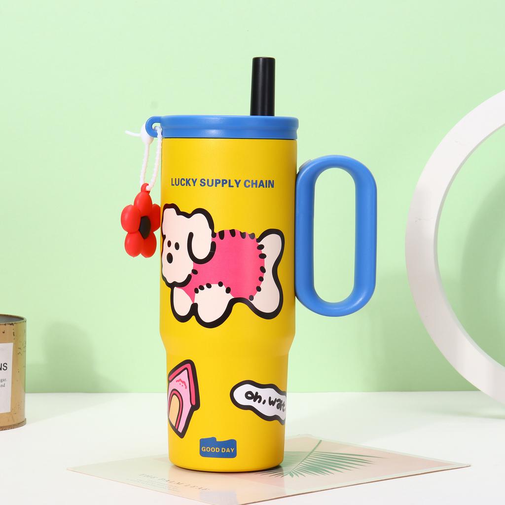 Neuer hochwertiger Thermobecher aus Edelstahl, einfach zu handhaben, mit Strohhalm, Bingba-Becher, für Männer und Frauen, tragbarer Autobecher