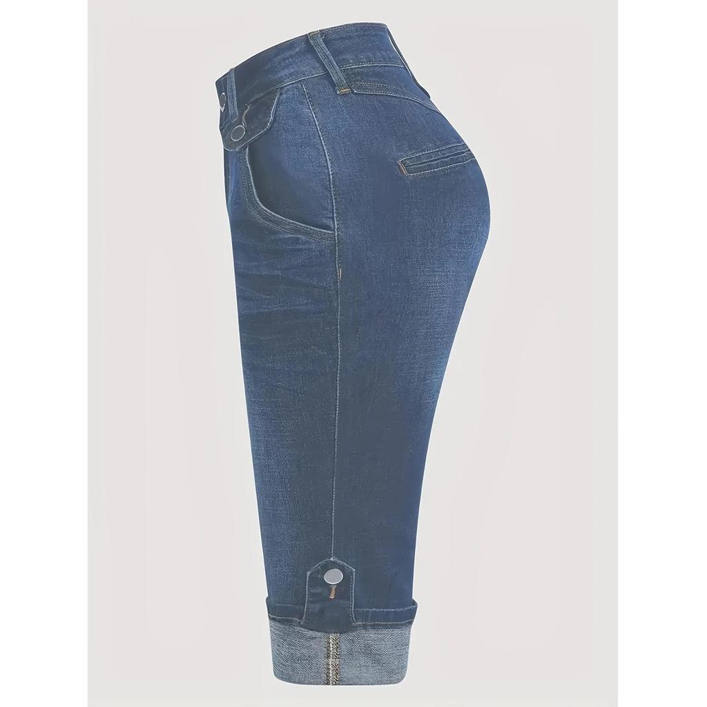 Plus Size Women's Slim Fit Elastic Cuffed Denim Bermuda Shorts