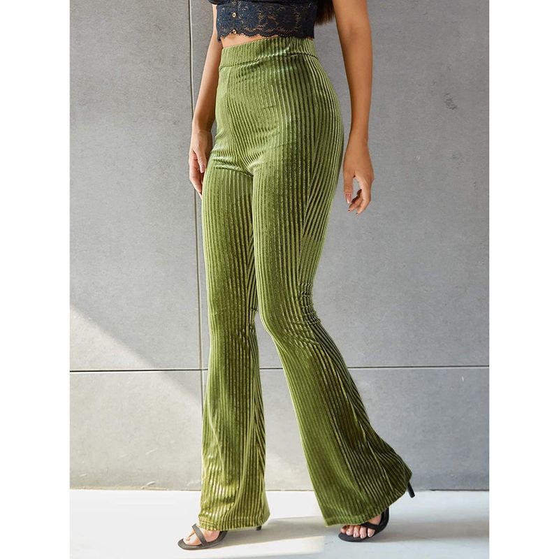 Graceful Personality New Arrival European and American Women's Clothing Fashion Sexy Pure Color High Waist Pleuche Sunken Stripe Bell-Bottom Pants