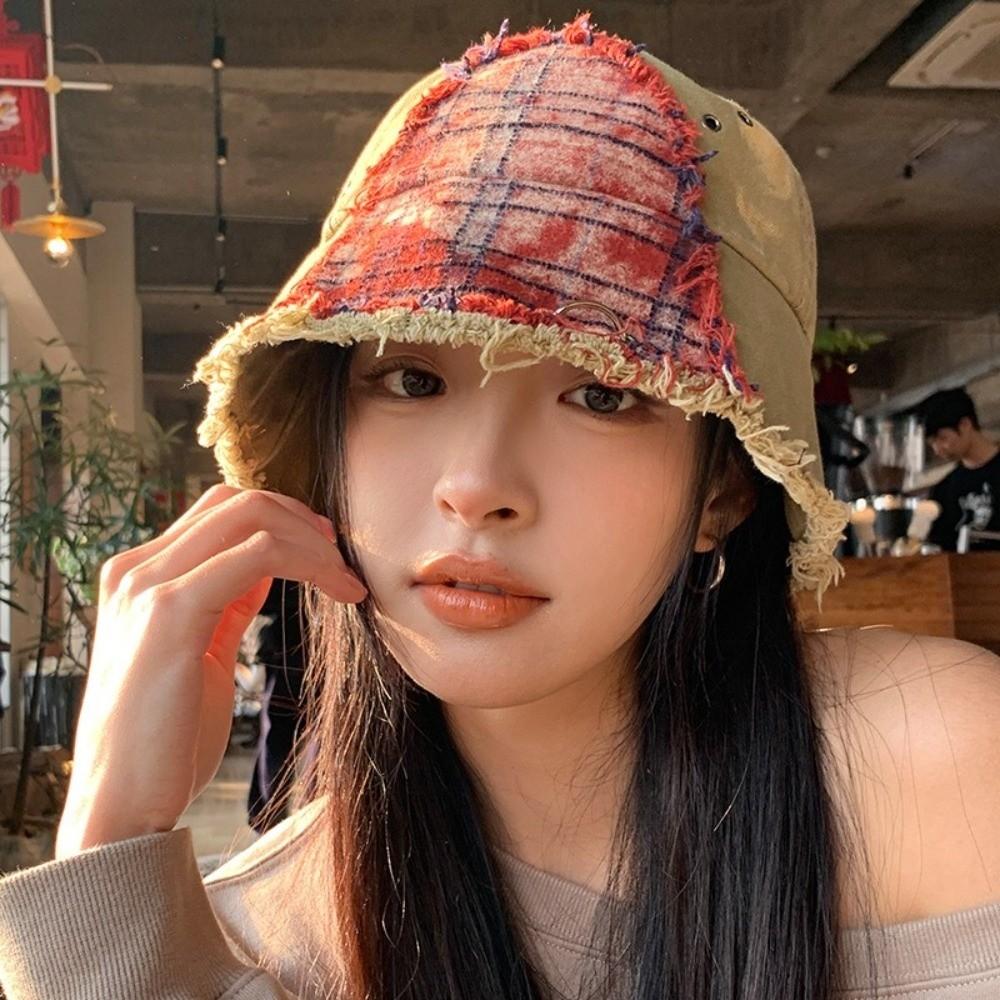 Beggar Style Plaid Bucket Hat Patched Sun Protection Basin Cap Fashion Retro Fisherman Hat  Women