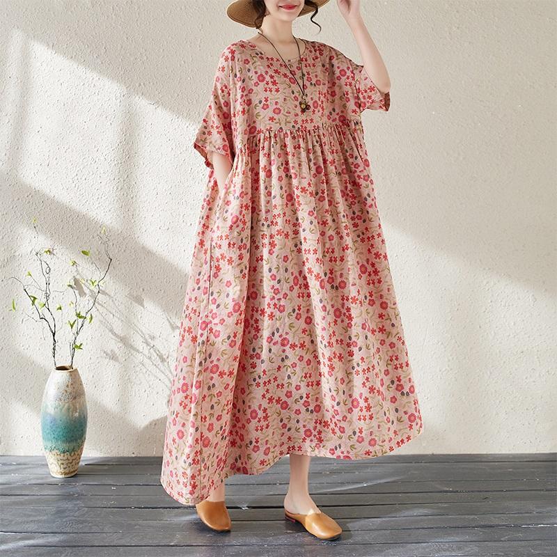 Kurzarm Plus-Size-Baumwolle im Vintage-Stil mit Blumenmuster, neu in Kleidern für Damen, lässiges, lockeres, langes Sommerkleid