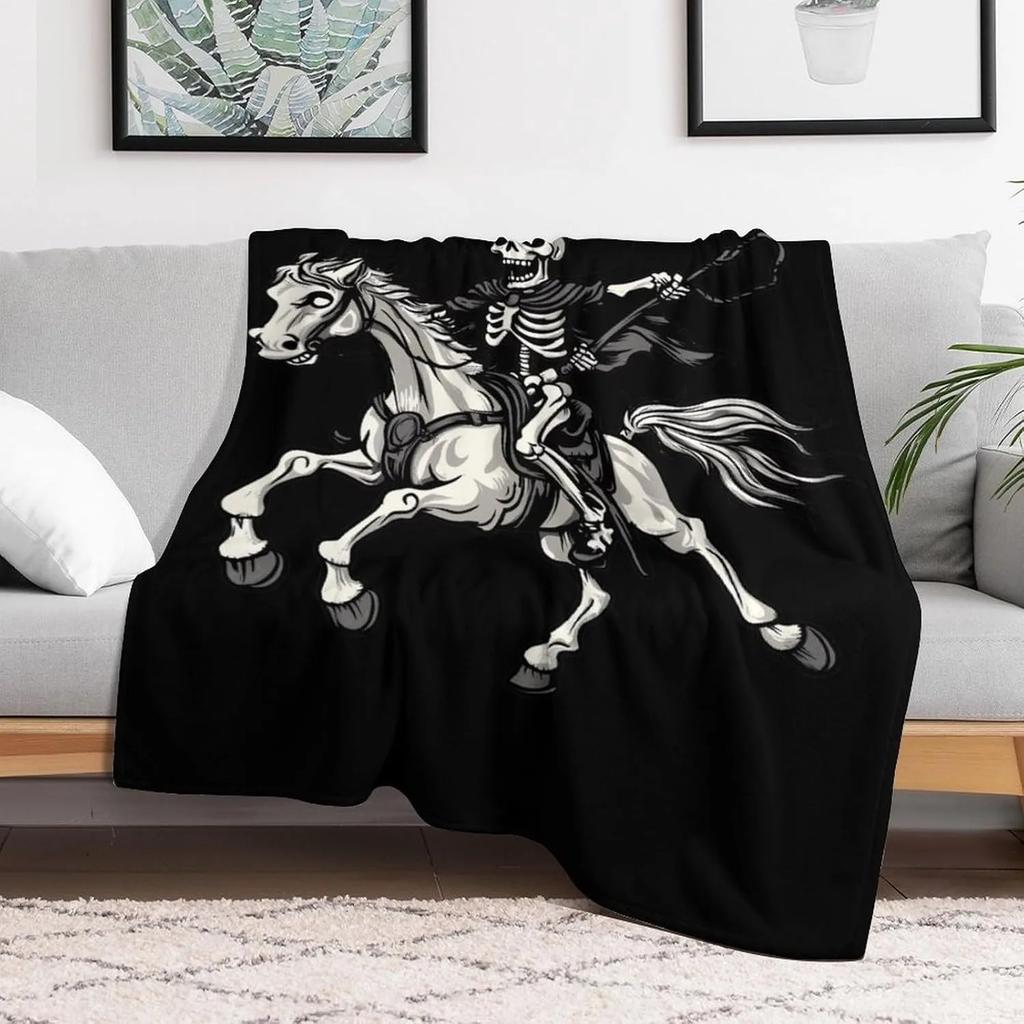 1Pc Skeleton Riding Horse Throw Thin Blanket Printed Gifts For Couch Home Pop Arts For Corn Drink Flowers Lovers All Season Use