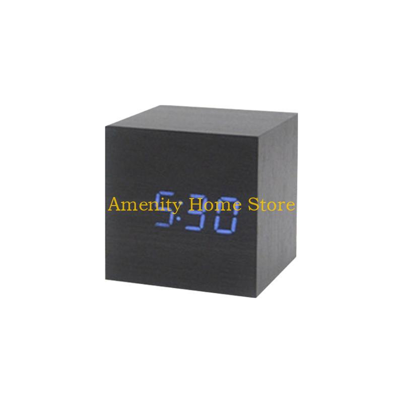 F26C Wood Cube Voice Control  Led Alarm Clock Decorative Clock Ornaments Art Crafts Supplies for Home Bedroom Dormitory
