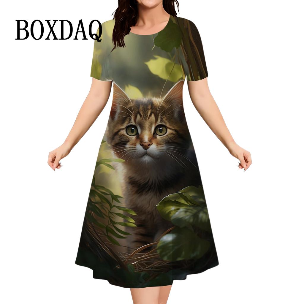 Women's 3D Graphic Animal Cat Dress Short Sleeve 3D Print Summer Dress Casual Daily Holiday Cute Loose Dress New