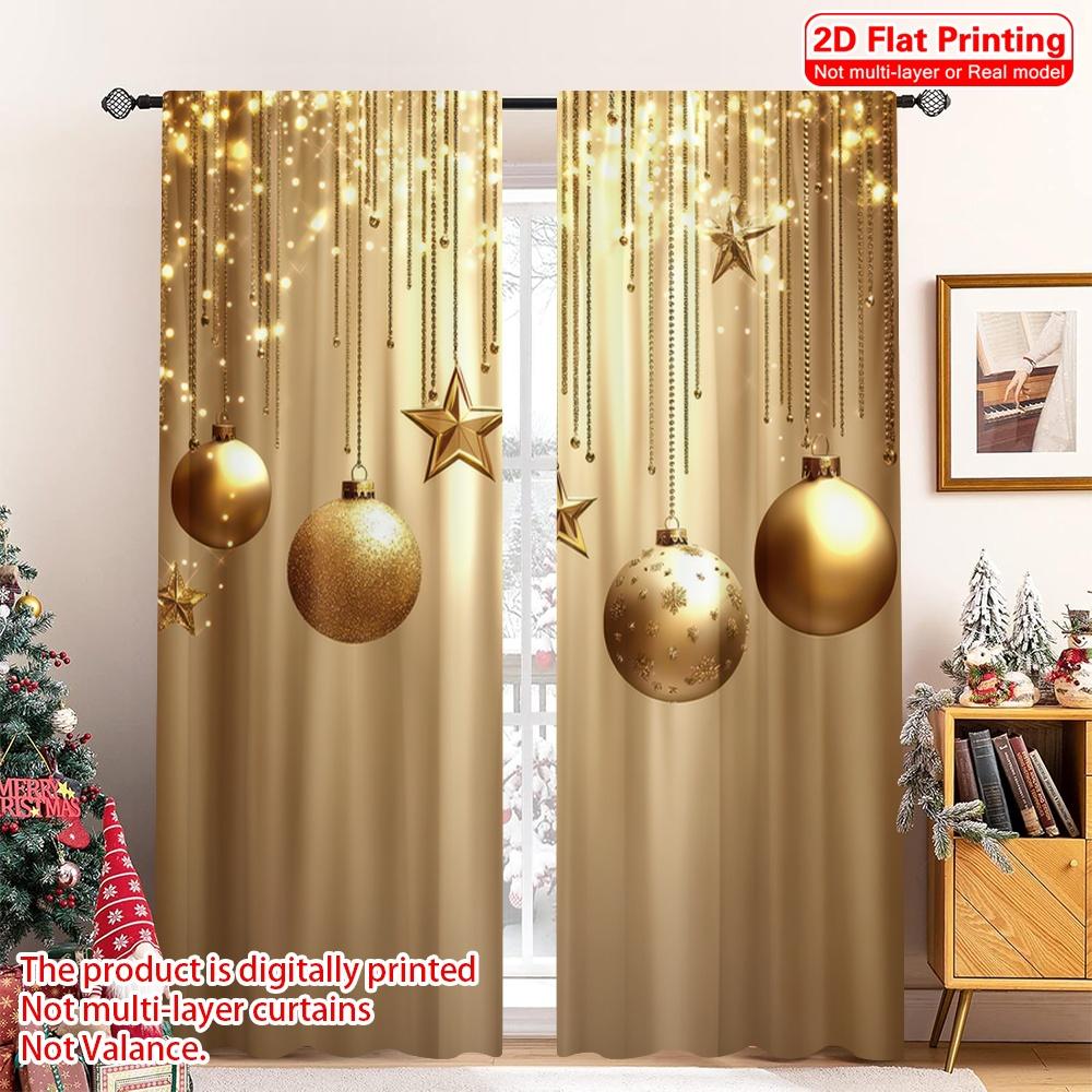 

2D плоская печать 2 шт. Рождественские шторы для окон с рисунком шаров и звезд, дизайн с кулиской, для декора спальни, гостиной, офиса 52.50×116.00 CM 2pcs