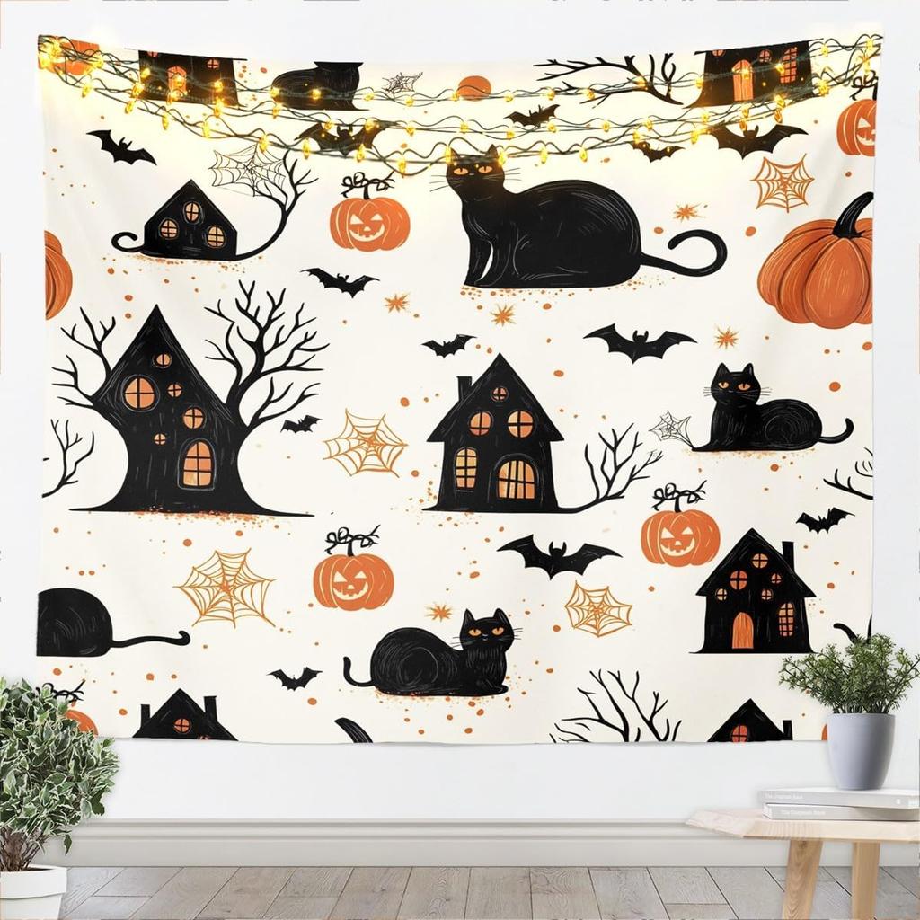 Happy Halloween Wall Art Medium Kids Spider Wall Hanging Blanket for Boys Girls Teens Cobweb Vintage Halloween Decor Spooky