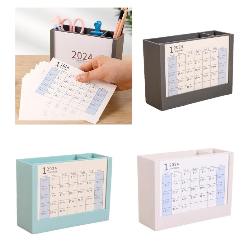 Multifunctional Desk Pencil Holder with 2024 Monthly Calendar, Office Desktop Organizer Pen Holder for Student Teacher