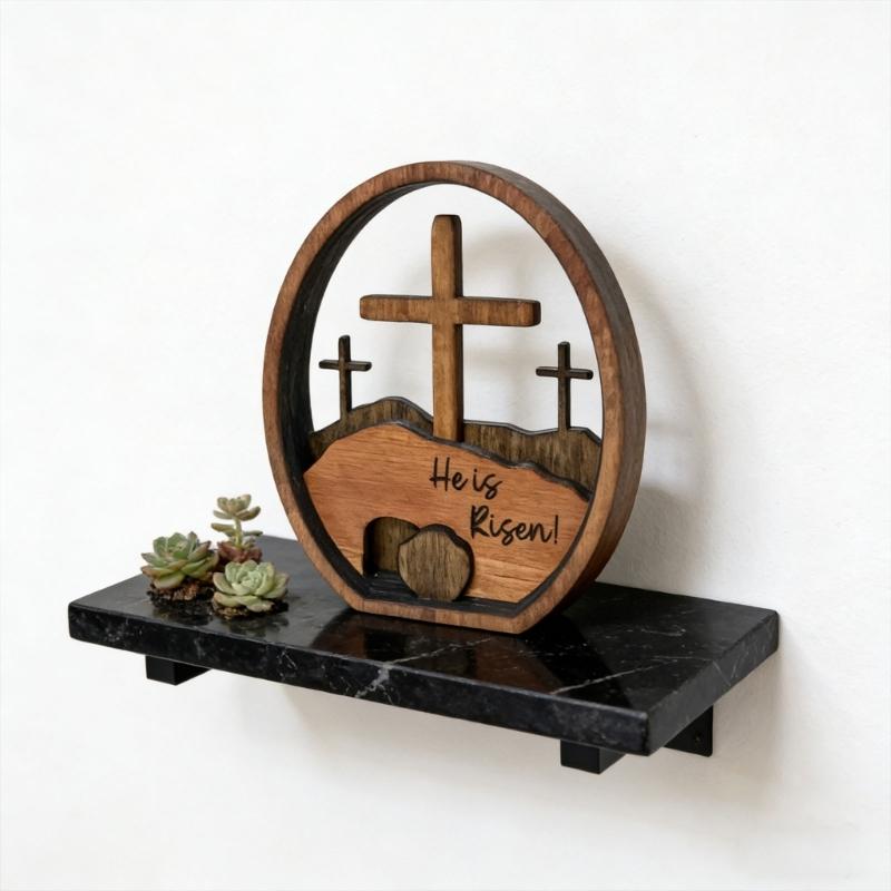 He Is Risen Empty Tomb with Crosses Wood Easters Decorations Christian Resurrected Tomb Ornament for Church Home Decors