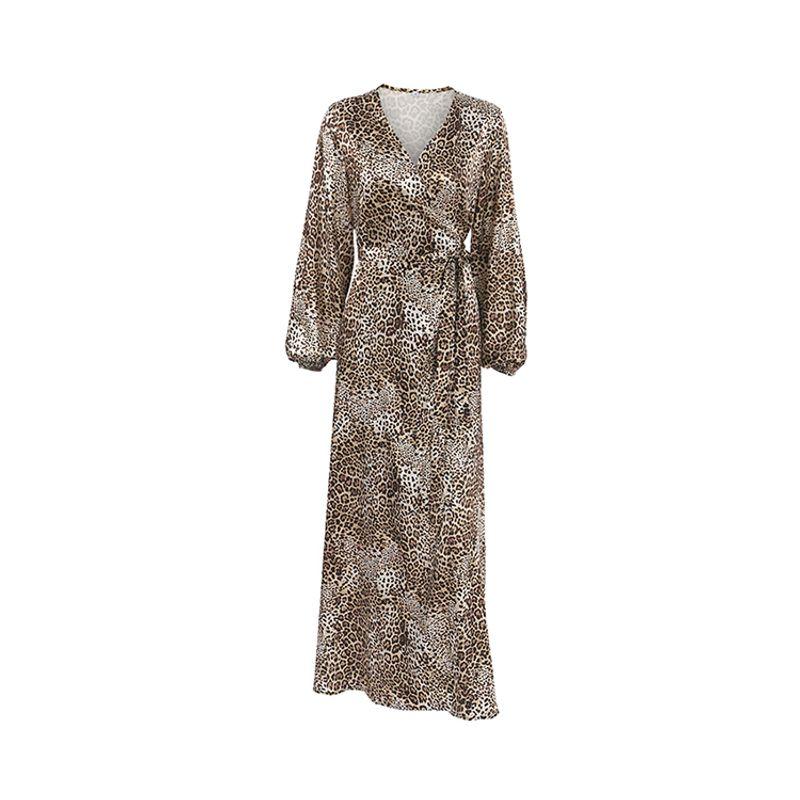 

Fashion Leopard Print Print Satin V-neck Lantern Sleeve a Hem Elegant Dress Long Dress for Women 2025 Brown L(Suggested 57.50 kg-62.50 kg)