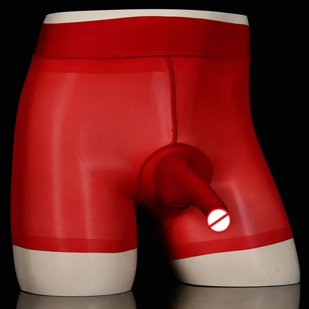 Oil Shiny Glossy Sheath JJ Open/ Close Boxer Brief Men See Through Underwear Long Penis Pouch Short Gay Elephant Bulge Panties
