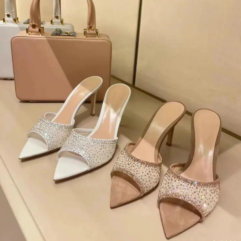 Franske Kvinners Sommer Utendørs Bruk Slides 2025 Nye Høyhælte Stiletter Spisse Tær Åpen Tå Tøfler