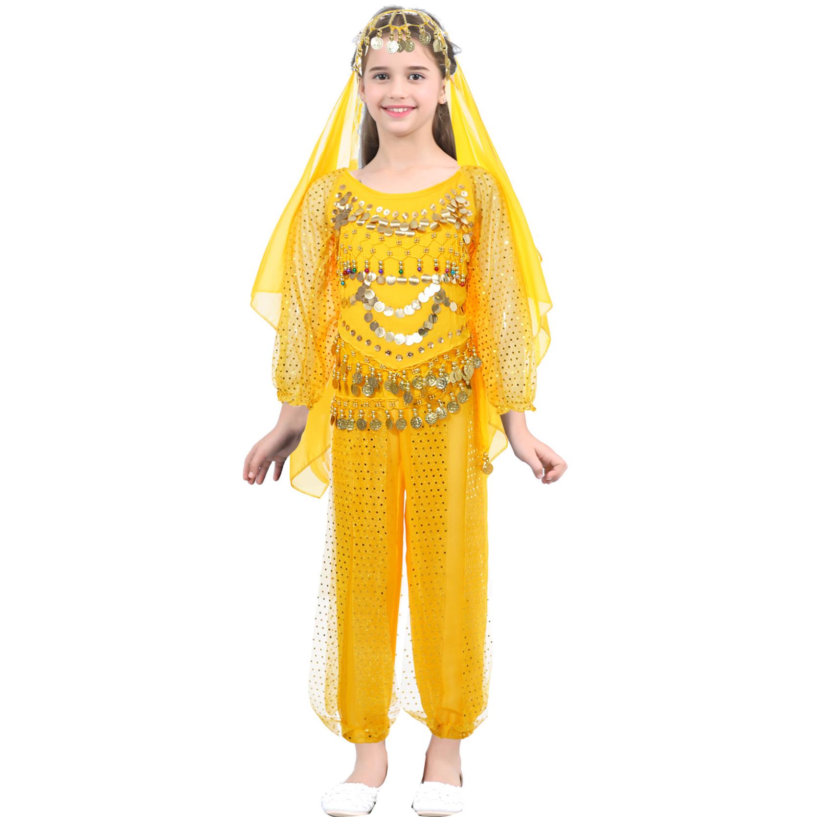 

Детский комплект из четырех предметов для танца живота для девочек, комплект для выступлений на Хэллоуин, укороченный топ со шнуровкой сзади, длинными рукавами и брюками, набедренный платок, головной платок 13-14 Years жёлтый