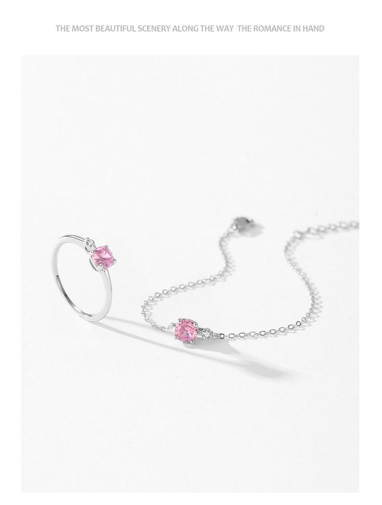 S925 Sterling Silver Cherry Blossom Pink Sugar Cube Bracelet - Women's Korean Simple Versatile Design