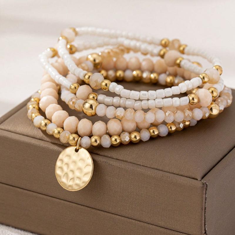 5pcs Bohemian Elegant Woven Elastic Glass Beaded Bracelets Set For Women (Handmade Beads Count, Size, And Placement Are Random)