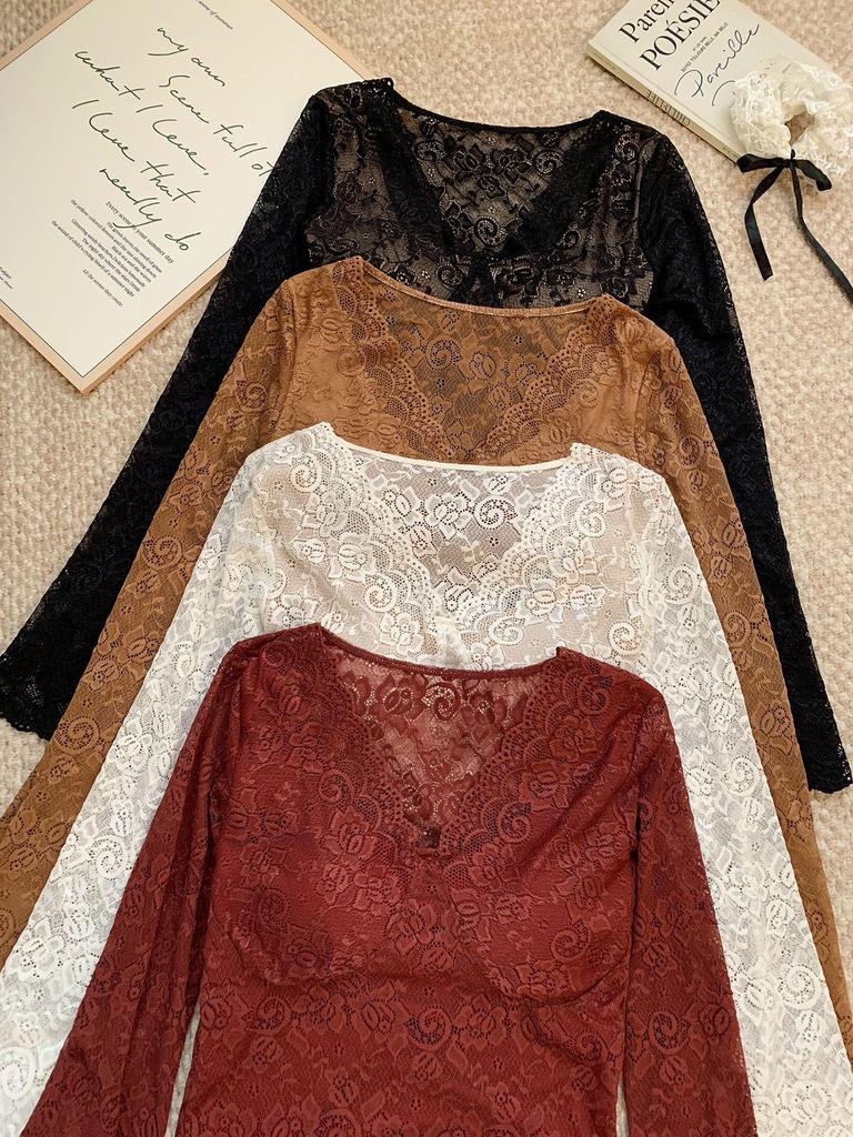 Lace Sexy V-neck Women's Long Sleeve T-shirt with Chest Pads