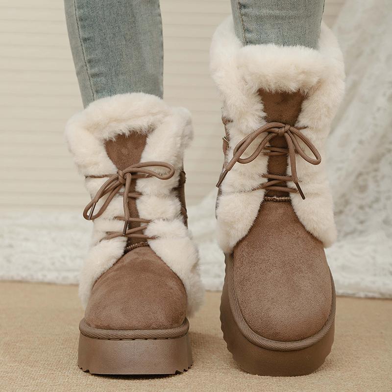 Women's Winter Warm Fur Snow Boots Lace Up Fluffy Plush Platform Ankle Boots for Women Thick Bottom Non Slip Cotton Padded Shoes