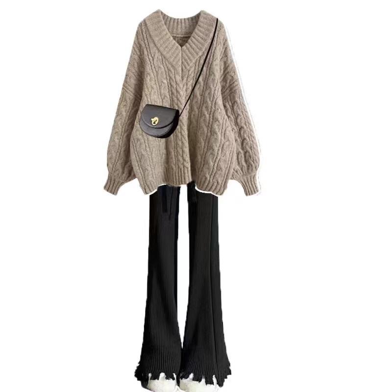 Autumn and winter new loose pullover knitted sweater thickened medium and long sweater women's lazy wind v-neck twist top