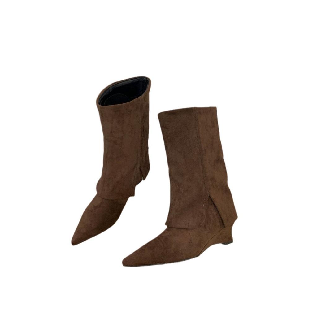 Wedge heel French retro pointed western cowboy boots women's boots autumn new mid-tube pants tube boots