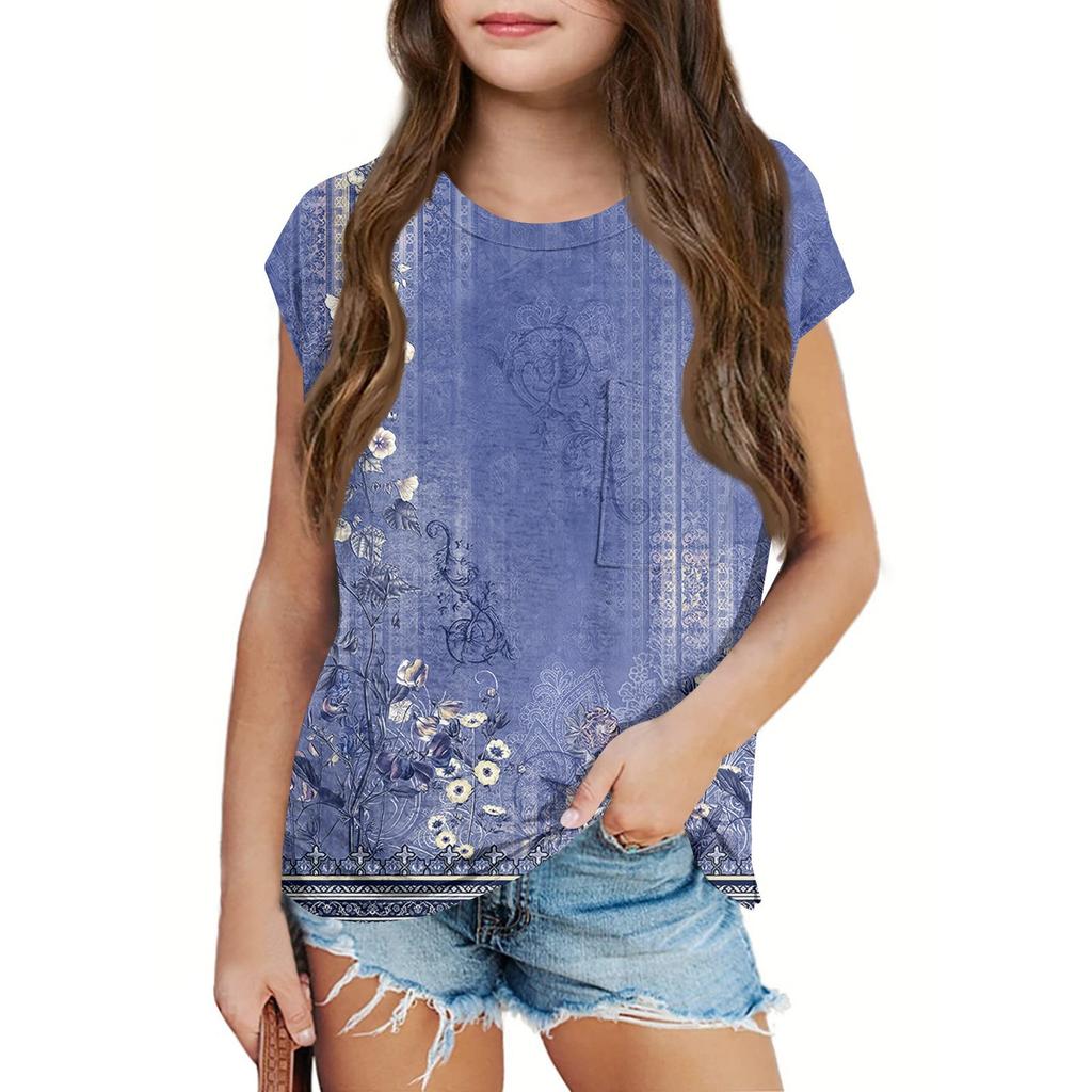 Sommer Rundhals 3D Vintage Floral Bedrucktes Top Modische Lässige Kurzarm Kinder Mädchen T-Shirts