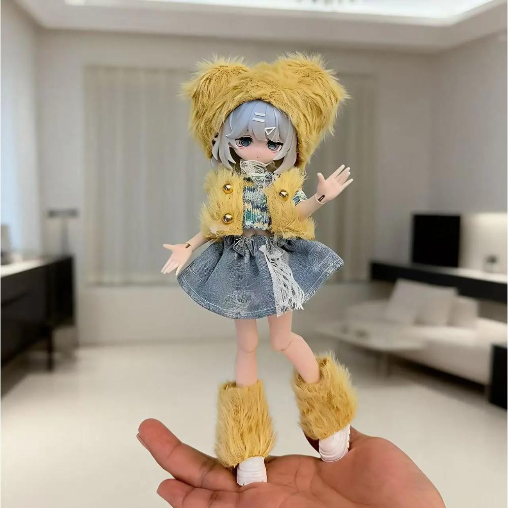 For 1/8 1/12 OB11 BJD Doll Clothes Set - Winter Plush Maid Outfit Cute Warm Doll Dress Up Accessories (Only Clothes)